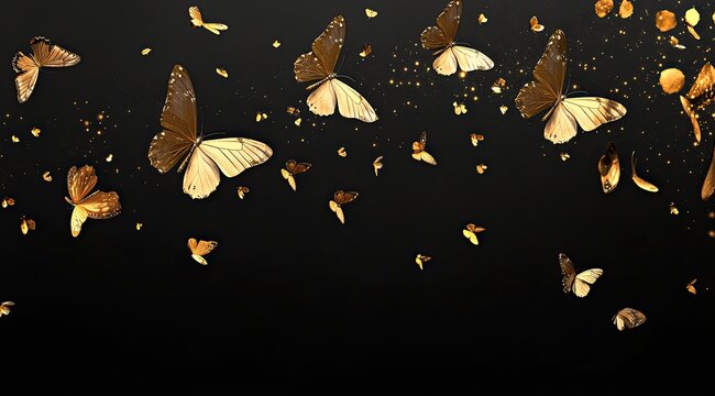Group of orange and white butterflies fluttering upwards on a solid black background
