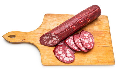 smoked sausages close-up on a white isolated background
