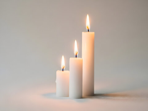 Three lit white taper candles of varying heights against a neutral background