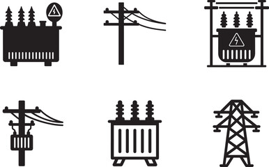 Black and white silhouette icon set of electrical transformer and power line tower.