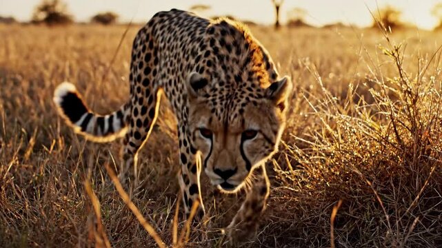 Cheetah Strolling Through the Savannah at Sunset - A Majestic Wildlife Encounter.