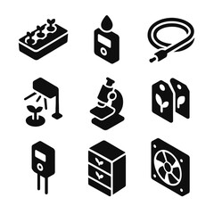 Black icons of hydroponic equipment including grow light and microscope