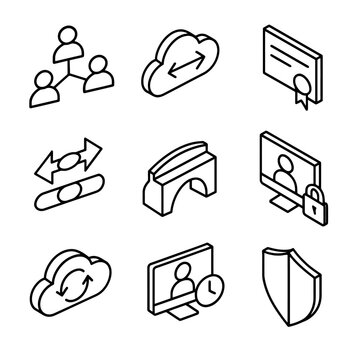 Minimalist icons: communication, cloud storage, certificate, security, shield, synchronization