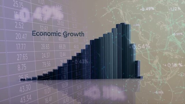Financial data chart display illustrates an upward trend on a dark digital interface with abstract technology elements and numerical data.