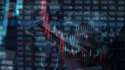 Digital global financial stock market data displaying charts and a world map overlay in a dark technological background - Powered by Adobe