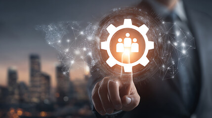 Businessman touching digital gear with people icon and global network teamwork technology