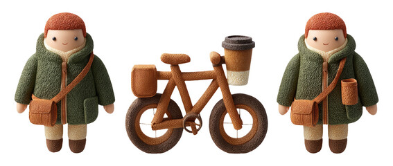 Minimalist 3D Crafted Figurine of a Commuter with a Bicycle and Coffee Cup