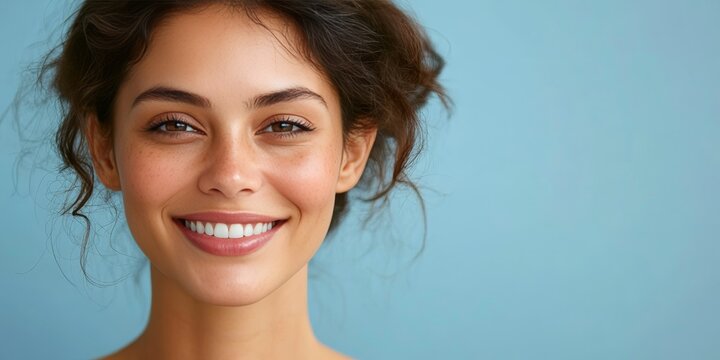 Radiant woman with clear skin and natural beauty showcasing youthful aesthetics in a portrait