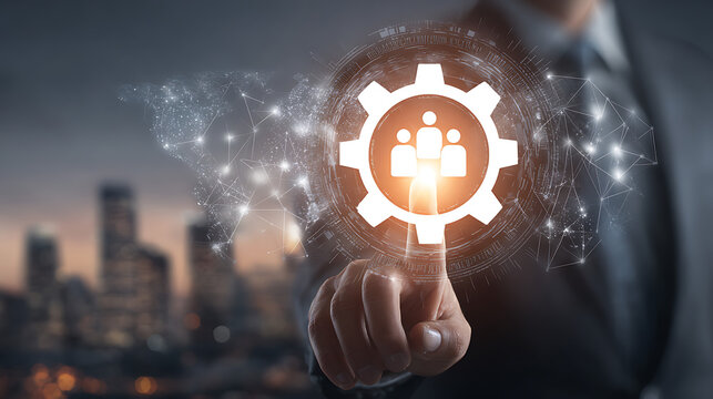 Businessman touching digital gear with people icon and global network teamwork technology - Powered by Adobe