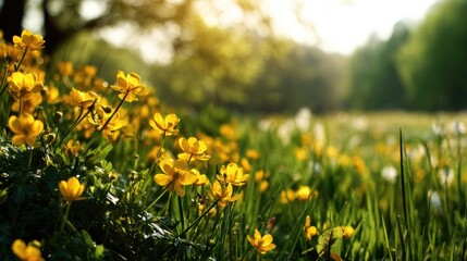 Obraz premium Bright Spring Sunlight Shines Over a Meadow Filled With Flowers, Creating a Soft Focus Area for Text or Design Elements