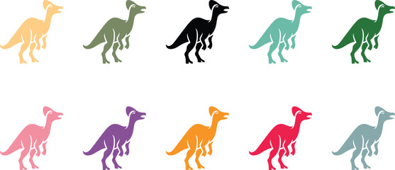 Colorful dinosaur icons with crests set, Cute dinosaur character icons collection