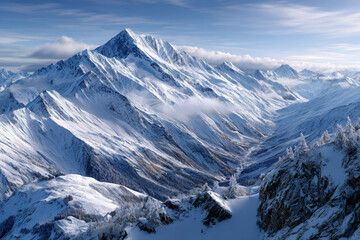 Snowy mountains under a blue sky with clouds