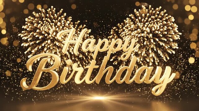 Golden 3d text saying happy birthday with sparkling fireworks and glitter on a dark elegant background for celebration
