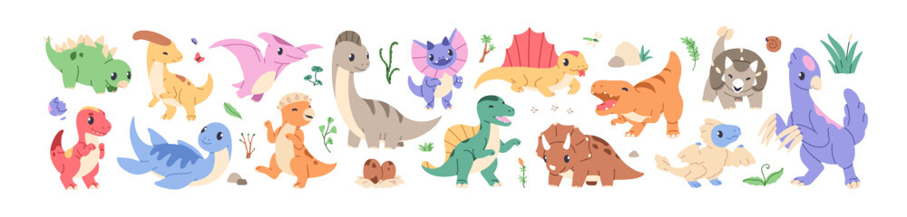 Cute baby dinosaurs set. Kawaii funny dino animals in kids cartoon style. Adorable smiling prehistoric reptiles, raptors. Childish flat vector illustrations isolated on white background. © Good Studio