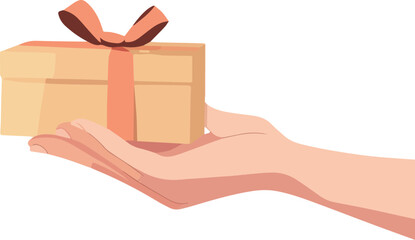 Hand holding a simple cartoon gift box with peach ribbon and bow isolated on white background for present giving concept