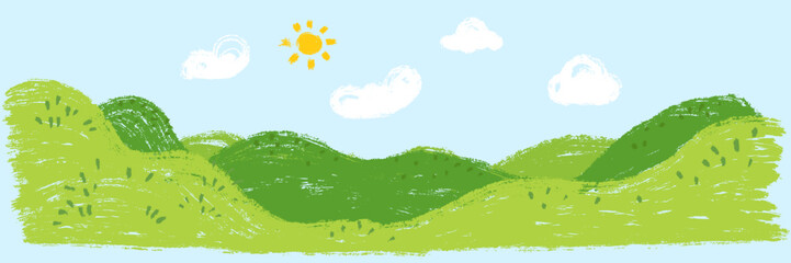 Naklejka premium Green hill panoramic nature landscape with sky in hand drawn cartoon doodle style made from pencil, marker or chalk crayon. Scribble vector illustration background for children book.