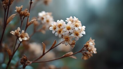A cluster of delicate white and yellow blossoms on brown stems with some withered flowers set against a soft blurred background