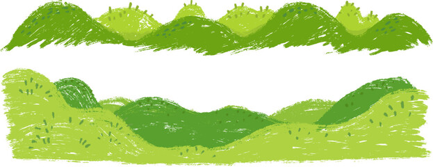 Obraz premium Green hill panoramic nature landscape in hand drawn cartoon doodle style made from pencil, marker or chalk crayon. Set scribble vector illustration background for children book.
