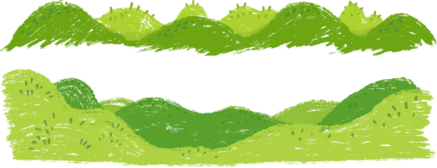 Rolgordijnen Kinderkamer Green hill panoramic nature landscape in hand drawn cartoon doodle style made from pencil, marker or chalk crayon. Set scribble vector illustration background for children book.  © vvvisual