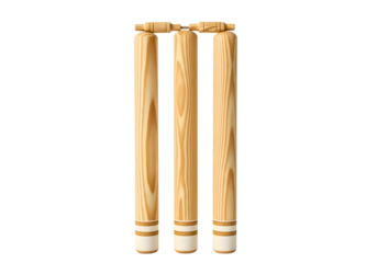 Wooden cricket stumps with bails set up and ready for a match on a dark background