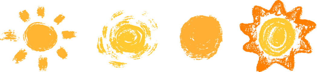 Cartoon doodle suns various shape in hand drawn sketch style made from pencil, marker or chalk crayon. Set of scribble vector illustration elements for children book or sticker. © vvvisual