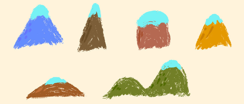 Mountains illustration various shape in hand drawn naive sketch style made from pencil, marker or chalk crayon. Set of cartoon doodle vector elements for children book or sticker.