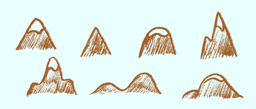 Cartoon doodle mountains various shape in hand drawn sketch style made from pencil, marker or chalk crayon. Set of scribble vector illustration elements for children book or sticker.