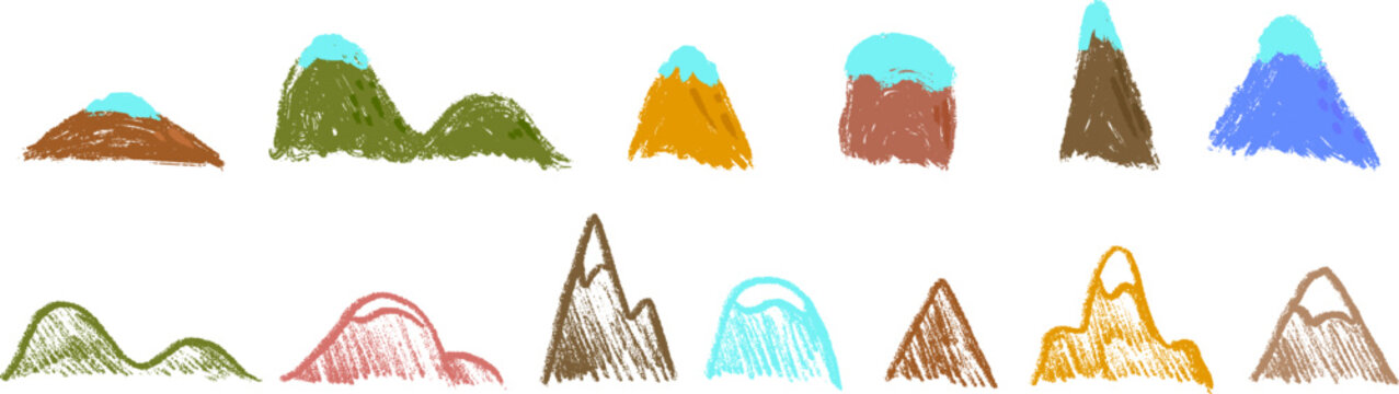 Cartoon doodle mountains peaks various shape in hand drawn sketch style made from pencil, marker or chalk crayon. Set of scribble vector illustration elements for children book or sticker.