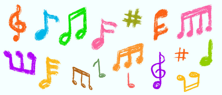 Cartoon doodle music note various shape in hand drawn sketch style made from pencil, marker or chalk crayon. Set of scribble vector illustration elements for children book or sticker.