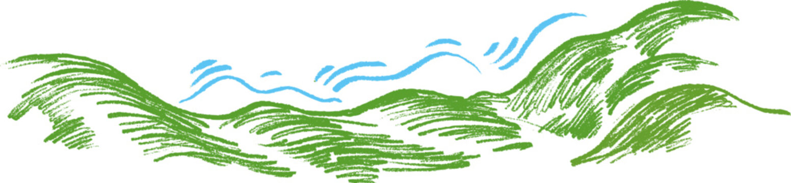Cartoon nature panoramic background with green hilly ground and clouds in hand drawn doodle style made from pencil, marker or chalk crayon. Vector illustration for children book.