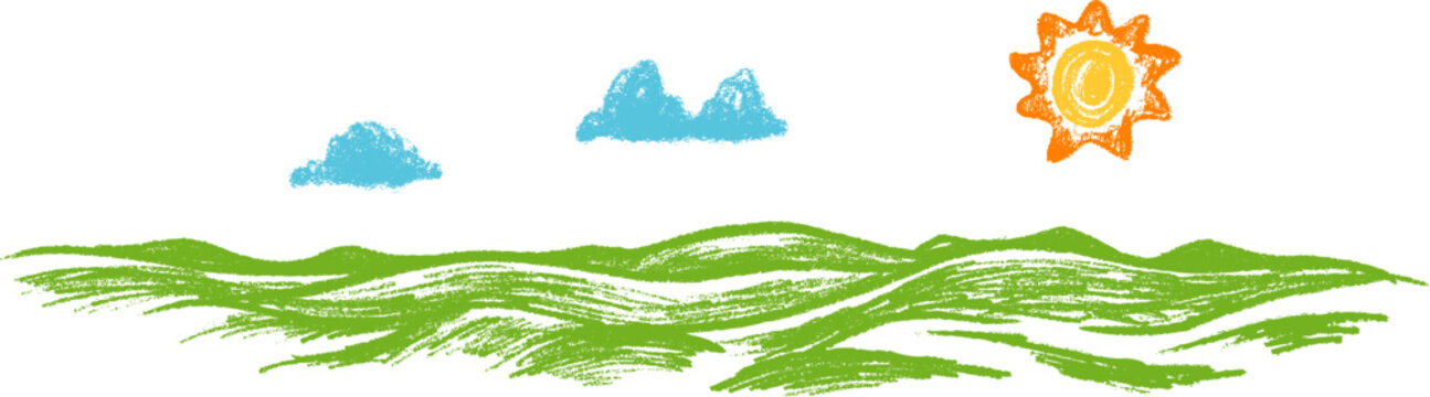 Cartoon nature panoramic background with green hilly ground, clouds and sun in hand drawn doodle style made from pencil, marker or chalk crayon. Vector illustration for children book.