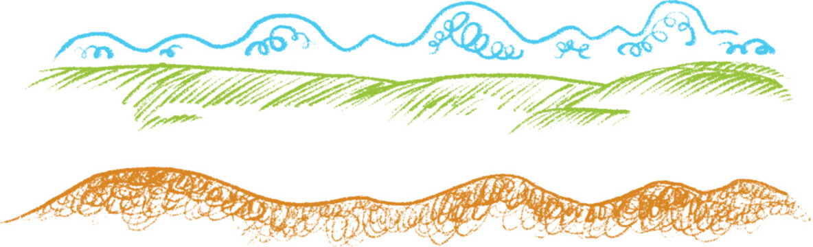 Set doodle cartoon nature panoramic landscape in hand drawn style made from pencil, marker or chalk crayon. Vector illustration decoration for children book.