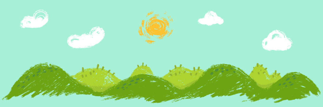 Panoramic nature green hill landscape with sun and clouds in hand drawn cartoon doodle style made from pencil, marker or chalk crayon. Scribble vector illustration background for children book.
