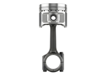 Detailed 3d rendering of an engine piston and connecting rod assembly isolated on black background