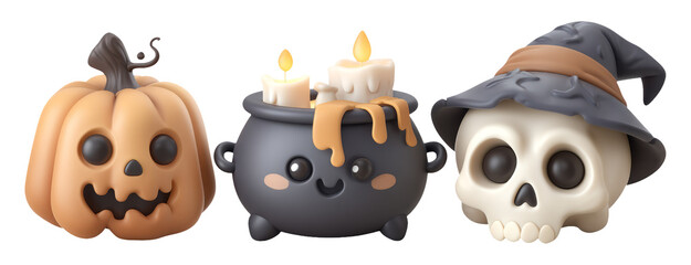 Obraz premium Whimsical 3D Clay Pumpkin, Cauldron, and Skull Nightlight Set for Cozy Decor