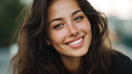 Fototapeta premium A beautiful young woman with a radiant smile and freckles looking at the in natural daylight