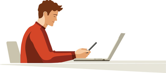 Young man using smartphone while sitting at desk with open laptop computer remote work concept illustration