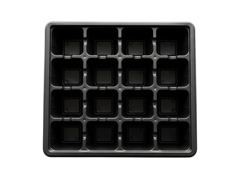 Empty black plastic tray for starting seeds or propagating plants, featuring eighteen square cells transparent background