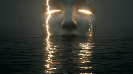 face emerging from water with glowing veins, symbol of awakening consciousness, surreal fine art, muted tones, 