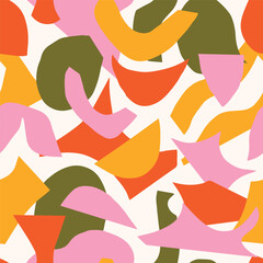 Bold abstract seamless pattern with hand-drawn organic shapes in vibrant color palette. Playful modern collage style design perfect for textiles, wallpaper, stationery, and creative backgrou