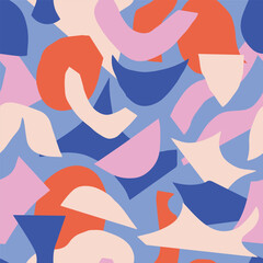 Bold abstract seamless pattern with hand-drawn organic shapes in vibrant color palette. Playful modern collage style design perfect for textiles, wallpaper, stationery, and creative backgrou