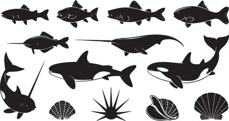 set of fish silhouettes vector illustration aquatic marine animals swimming pattern on white background