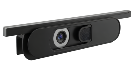 Black digital webcam with HD lens and microphone for video conferencing, online communication, and streaming, modern technology, isolated on transparent background