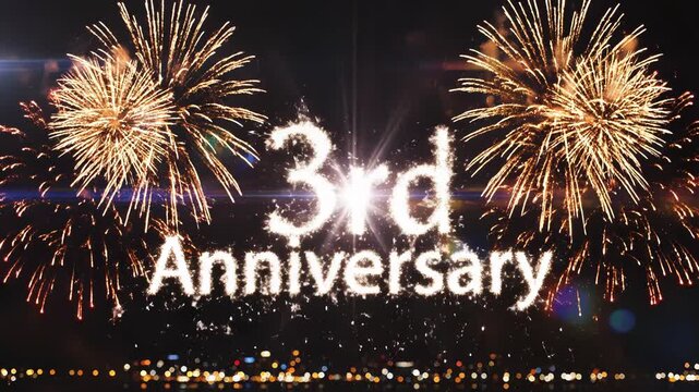 Bright 3rd anniversary celebration with sparkling fireworks exploding over a blurred city skyline at night