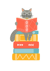 Cat on stack of books. Reading, literature, education concept.
