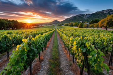 Fototapeta premium Vineyard Sunset over Rolling Hills and Mountains
