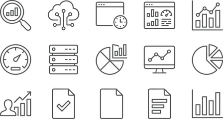 Business analytics and data visualization outline icons set with charts, dashboards, reports, performance metrics and statistics symbols