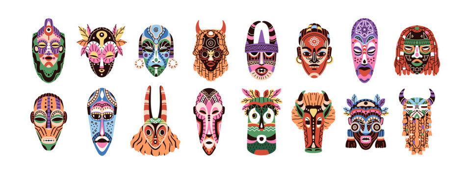 African tribal face masks set. Ethnic culture, traditional heads. Ritual spiritual zulu tribe avatars with patterns and ornaments. Flat vector illustrations isolated on white background.