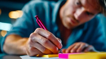 Close-up of a man marking corrections on a printed document with a red pen, focusing on precision editing and detailed proofreading