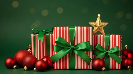 Christmas gift boxes with red baubles and golden star